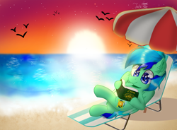 Size: 1750x1289 | Tagged: safe, artist:jadebreeze115, derpibooru import, oc, oc only, oc:jade breeze, pegasus, beach, blue eyes, blue hair, book, lying down, reading, reference to another series, solo, sunset