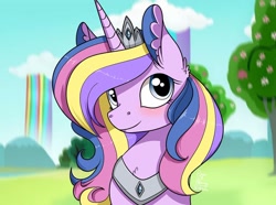 Size: 1080x805 | Tagged: safe, artist:princessesmeraldaofficial, derpibooru import, oc, oc only, oc:princess esmerelda, alicorn, pony, alicorn oc, bust, ear fluff, ears, female, horn, jewelry, liquid rainbow, mare, outdoors, peytral, smiling, tiara, tree, wings