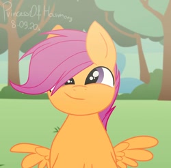 Size: 1080x1064 | Tagged: safe, artist:princessesmeraldaofficial, derpibooru import, scootaloo, pegasus, pony, bust, female, filly, outdoors, signature, smiling, solo, tree