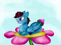 Size: 1080x810 | Tagged: safe, artist:rxndxm.artist, derpibooru import, oc, oc only, original species, plant pony, pony, augmented tail, flower, lying down, micro, open mouth, plant, prone, smiling, solo