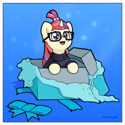 Size: 1900x1900 | Tagged: safe, artist:kumakum, derpibooru import, moondancer, pony, unicorn, bow, box, clothes, cute, dancerbetes, female, glasses, happy, mare, open mouth, pony in a box, present, smiling, solo, sweater, weapons-grade cute