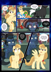 Size: 3259x4607 | Tagged: safe, artist:estories, derpibooru import, millie, oc, oc only, oc:alice goldenfeather, oc:curly mane, oc:möbius, oc:penumbra, oc:slide fortissimo, pegasus, pony, unicorn, comic:nevermore, comic, horn, pegasus oc, speech bubble, unicorn oc, wings