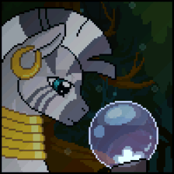 Size: 300x300 | Tagged: safe, artist:imreer, derpibooru import, zecora, zebra, animated, bust, commission, crystal ball, ear piercing, earring, gif, hoof hold, jewelry, neck rings, outdoors, piercing, pixel art, tree, ych result