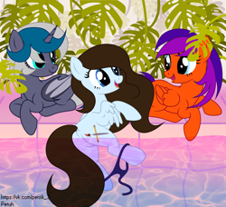 Size: 4600x4200 | Tagged: safe, artist:iceowl, derpibooru import, oc, oc only, oc:elizabat stormfeather, oc:jade the pegasus, oc:krissy, alicorn, bat pony, bat pony alicorn, pegasus, pony, alicorn oc, bat pony oc, bat wings, bikini, bikini bottom, butt, clothes, commission, featureless crotch, female, horn, lying down, mare, open mouth, plot, prone, spa, swimming, swimming pool, swimsuit, trio, water, wings, ych result