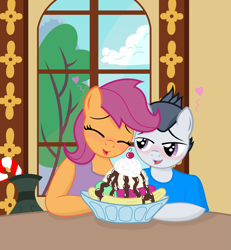 Size: 5333x5760 | Tagged: safe, artist:dtavs.exe, artist:tolpain, rumble, scootaloo, anthro, pegasus, collaboration, banana split, blushing, date, girly, ice cream, puppy love
