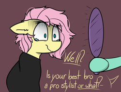 Size: 2220x1694 | Tagged: safe, artist:pinkberry, fluttershy, zephyr breeze, pegasus, pony, alternate hairstyle, alternate manestyle, dialogue, haircut, horrified, mirror, offscreen character, speech, teary eyes, text, wide eyes