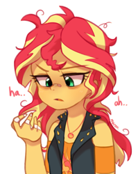 Size: 1701x2134 | Tagged: safe, artist:maren, sunset shimmer, equestria girls, equestria girls series, bags under eyes, bandage, bandaid, clothes, cutie mark, cutie mark on clothes, dialogue, female, geode of empathy, magical geodes, messy hair, sleep deprivation, solo, tired, vest