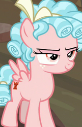 Size: 225x350 | Tagged: safe, screencap, cozy glow, pegasus, pony, cropped, curly hair, curly tail, evil grin, female, filly, freckles, grin, hair bow, pink coat, solo, spread wings, two toned mane, two toned tail, wings