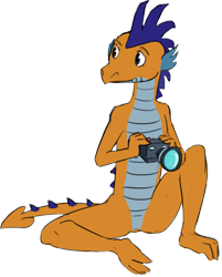 Size: 965x1200 | Tagged: safe, artist:tempusfidgets, derpibooru import, oc, oc only, oc:fisher, dragon, 2021 community collab, camera, derpibooru community collaboration, male, simple background, solo, transparent background