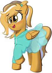 Size: 1480x2100 | Tagged: safe, artist:potato22, derpibooru import, oc, oc only, oc:mareota, pegasus, pony, 2021 community collab, blushing, clothes, derpibooru community collaboration, female, hairband, hat, hoodie, mare, open mouth, ponytail, simple background, skirt, smiling, solo, transparent background, transparent skirt