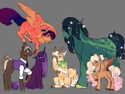 Size: 1280x967 | Tagged: safe, artist:vintagefeline, derpibooru import, oc, oc only, oc:autumn ambrosia cider, oc:ragamuffin, oc:smudged serif, oc:strawberry milk, oc:sundappled pond, oc:velvet, earth pony, hybrid, pegasus, pony, unicorn, female, gray background, interspecies offspring, magical lesbian spawn, male, mare, next generation, offspring, parent:applejack, parent:capper dapperpaws, parent:discord, parent:dumbbell, parent:fluttershy, parent:pinkie pie, parent:rainbow dash, parent:rarity, parent:rockhoof, parent:tempest shadow, parents:applecord, parents:capperdash, parents:doctwi, parents:dumbpie, parents:rockshy, parents:tempity, simple background, stallion