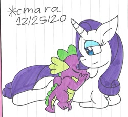 Size: 865x789 | Tagged: safe, artist:cmara, derpibooru import, rarity, spike, dragon, pony, unicorn, eyes closed, eyeshadow, female, hug, lying down, makeup, male, mare, prone, shipping, simple background, solo, sparity, straight, traditional art, white background
