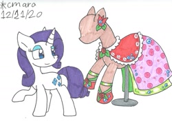 Size: 1323x932 | Tagged: safe, artist:cmara, derpibooru import, pony, unicorn, clothes, dress, eyeshadow, female, hoof shoes, makeup, mannequin, mare, raised hoof, simple background, solo, traditional art, white background