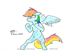 Size: 1024x716 | Tagged: safe, artist:gafelpoez, derpibooru import, rainbow dash, pegasus, pony, belly button, bipedal, fighting stance, spread wings, traditional art