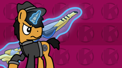 Size: 1920x1080 | Tagged: safe, artist:kaokraft, derpibooru import, oc, oc:kaokraft, pony, unicorn, black mane, black tail, brawlhalla, clothes, cutie mark, fedora, hair over one eye, hat, hoodie, horn, jacket, lance, magic, male, marigold, rocket lance, short tail, solo, stallion, weapon