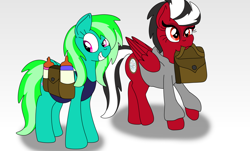 Size: 1280x771 | Tagged: safe, artist:lynnthenerdkitty, derpibooru import, oc, oc:shatter misty cloud, oc:starshine twinkle, pegasus, pony, baby bottle, bag, clothes, diaper bag, diaper fetish, duo, duo female, female, fetish, foal bottle, grin, hoodie, mouth hold, ponified, saddle bag, shatter (transformers), shirt, smiling, transformers