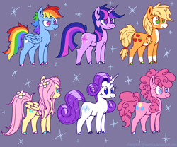 Size: 1800x1500 | Tagged: safe, artist:champion-of-namira, derpibooru import, applejack, fluttershy, pinkie pie, rainbow dash, rarity, twilight sparkle, unicorn twilight, earth pony, pegasus, pony, unicorn, alternate design, flower, flower in hair, mane six