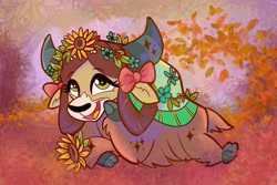 Size: 2048x1364 | Tagged: safe, artist:impossumable, artist:sophieascruggs, derpibooru import, yona, yak, abstract background, bow, cloven hooves, cute, female, floral head wreath, flower, flower in hair, hair bow, monkey swings, solo, yonadorable