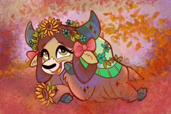 Size: 2048x1364 | Tagged: safe, alternate version, artist:impossumable, artist:sophieascruggs, derpibooru import, yona, yak, abstract background, bow, cloven hooves, cute, female, floral head wreath, flower, flower in hair, hair bow, monkey swings, solo, yonadorable