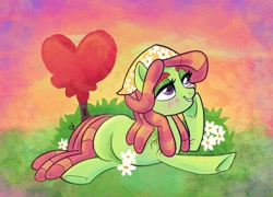 Size: 2048x1478 | Tagged: safe, artist:sophieascruggs, derpibooru import, tree hugger, earth pony, pony, abstract background, female, flower, hoof on chin, lying down, mare, smiling, solo