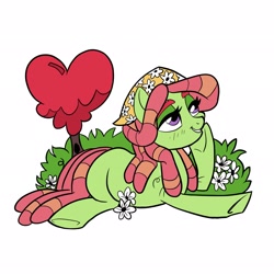 Size: 2048x2048 | Tagged: safe, alternate version, artist:sophieascruggs, derpibooru import, tree hugger, earth pony, pony, female, flower, hoof on chin, lying down, mare, simple background, smiling, solo, white background