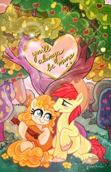 Size: 828x1280 | Tagged: safe, artist:sophieascruggs, artist:sophiescruggs, derpibooru import, bright mac, pear butter, earth pony, pony, apple, apple tree, blushing, brightbutter, colored pupils, female, guitar, hat, intertwined trees, looking at each other, male, mare, musical instrument, pear tree, shipping, stallion, straight, tree