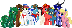 Size: 3800x1500 | Tagged: safe, artist:crisostomo-ibarra, derpibooru import, oc, oc only, oc:bright idea, oc:courageous heart, oc:jasper pie, oc:midnight sonata, oc:shammy step, oc:sweetie bloom, oc:thespio, oc:trail grazer, oc:triforce treasure, oc:wheatley airborne, alicorn, earth pony, gazelle, pegasus, pony, unicorn, 2021 community collab, alicorn oc, derpibooru community collaboration, glasses, hat, horn, jewelry, looking at you, necklace, shiny, simple background, smiling, transparent background, wings