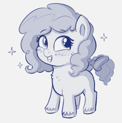 Size: 607x616 | Tagged: safe, artist:heretichesh, derpibooru import, oc, oc only, oc:peachy keen, earth pony, pony, blushing, bow, chest fluff, female, filly, fluffy, happy, monochrome, sketch, solo, tail bow, unshorn fetlocks