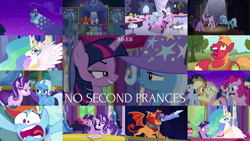 Size: 1966x1107 | Tagged: safe, derpibooru import, edit, edited screencap, screencap, applejack, big macintosh, cloud kicker, coco crusoe, fluttershy, lotus blossom, lucky clover, pinkie pie, princess celestia, rainbow dash, starlight glimmer, trixie, twilight sparkle, twilight sparkle (alicorn), alicorn, earth pony, manticore, pegasus, pony, no second prances, cannon, moonshot manticore mouth dive, stage, twilight's castle