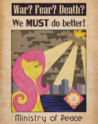 Size: 1616x2048 | Tagged: safe, artist:droakir, derpibooru import, fluttershy, pegasus, pony, fallout equestria, fanfic art, ministry mares, ministry of peace, poster, propaganda, solo, sun beam, sun rays, text