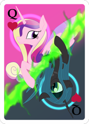 Size: 1500x2100 | Tagged: safe, artist:sixes&sevens, derpibooru import, princess cadance, queen chrysalis, alicorn, changeling, changeling queen, pony, looking at each other, playing card, queen of hearts