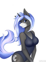 Size: 946x1280 | Tagged: safe, artist:furrycrystal, derpibooru import, oc, oc only, anthro, unicorn, breasts, clothes, commission, cutie mark, digital art, female, horn, looking at you, one-piece swimsuit, simple background, solo, solo female, swimsuit, tail, thighs, white background, ych result