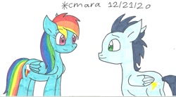 Size: 1373x756 | Tagged: safe, artist:cmara, derpibooru import, rainbow dash, soarin', pegasus, pony, female, looking at each other, male, mare, shipping, simple background, soarindash, stallion, straight, traditional art, white background