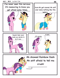 Size: 2550x3300 | Tagged: safe, artist:short tale, derpibooru import, applejack, rainbow dash, sugar belle, earth pony, pegasus, pony, unicorn, comic:aj+rd, angry, appledash, comedy, comic, comic strip, date, digital art, eyeroll, facehoof, female, hoof shaking, lesbian, nervous, question, romance, shipping, support, walking