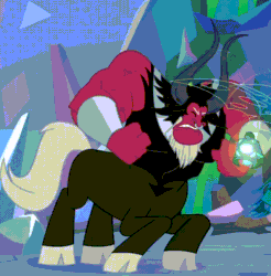 Size: 832x844 | Tagged: safe, derpibooru import, edit, edited screencap, screencap, lord tirek, queen chrysalis, centaur, changeling, changeling queen, the ending of the end, angry, animated, bell, bracer, cloven hooves, colored hooves, cropped, eyes closed, fist, grogar's bell, lip bite, male, male focus, muscles, nose piercing, nose ring, piercing, reversed, solo focus, vein bulge