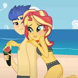 Size: 818x818 | Tagged: safe, artist:grapefruitface1, flash sentry, sunset shimmer, equestria girls, bare chest, barefoot, base used, blushing, clothes, feet, female, flashimmer, food, male, shipping, straight, sushi, swimsuit