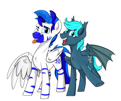 Size: 1400x1168 | Tagged: safe, artist:rutkotka, derpibooru import, oc, oc:fifty percent, oc:guttatus, bat pony, pegasus, 2021 community collab, derpibooru community collaboration, friends, smiling