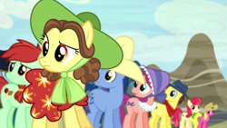 Size: 1920x1080 | Tagged: safe, derpibooru import, screencap, apple bumpkin, blues, candy apples, cherry berry, noteworthy, earth pony, pony, appleoosa's most wanted, apple family member, clothes, female, hat, male, mare, neckerchief, stallion