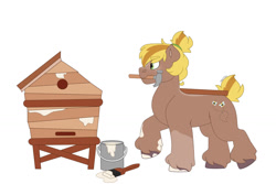 Size: 1280x854 | Tagged: safe, artist:itstechtock, derpibooru import, oc, oc:sweet bee, earth pony, pony, apiary, hammer, male, mouth hold, simple background, solo, stallion, white background, wood