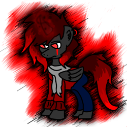 Size: 768x768 | Tagged: safe, artist:dannyballsub, derpibooru import, oc, oc:dr negative, alicorn, alicorn oc, clothes, ear piercing, earring, gray, hoodie, horn, jewelry, magic, piercing, red and black mane, red and black oc, red background, red eyes, scar, scarf, simple background, transparent background, wings