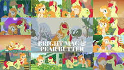 Size: 1978x1113 | Tagged: safe, derpibooru import, edit, edited screencap, editor:quoterific, screencap, bright mac, pear butter, the perfect pear, apple, apple tree, brightbutter, clothes, female, fence, guitar, male, mare in the moon, moon, musical instrument, pear tree, picnic blanket, rain, scarf, shared clothing, shared scarf, shipping, snow, straight, tree