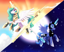 Size: 1100x899 | Tagged: safe, artist:riouku, derpibooru import, princess celestia, princess luna, alicorn, pony, armor, cloud, commission, crepuscular rays, fall of the crystal empire, female, glowing horn, halberd, horn, magic, moon, royal sisters, sisters, stars, sun, sword, weapon