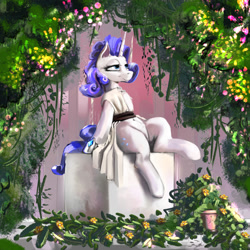 Size: 2000x2000 | Tagged: safe, artist:imadeoos, derpibooru import, rarity, pony, unicorn, clothes, dress, female, flower, mare, sitting, solo