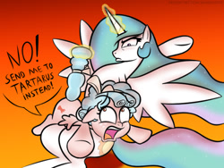 Size: 642x482 | Tagged: safe, artist:banebuster, derpibooru import, cozy glow, princess celestia, alicorn, pegasus, pony, series:tiny tia, a better ending for cozy, abuse, angry, female, filly, freckles, glowing horn, gradient background, horn, magic, open mouth, over the knee, spanking, tail, tail pull, telekinesis, this will end in pain