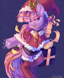 Size: 1650x2000 | Tagged: safe, artist:neonishe, derpibooru import, oc, oc only, pony, unicorn, bipedal, christmas, clothes, cute, eye clipping through hair, femboy, frog (hoof), hat, holiday, holly, hoofbutt, horn, looking at you, male, open mouth, present, ribbon, santa hat, signature, skirt, smiling, solo, stockings, thigh highs, underhoof, unicorn oc