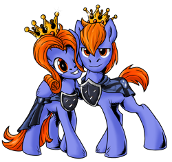 Size: 1856x1751 | Tagged: safe, artist:sonicpegasus, derpibooru import, oc, oc:prince baltic, oc:princess pomerania, earth pony, 2021 community collab, brother and sister, clothes, coat, crown, derpibooru community collaboration, female, hug, jewelry, male, regalia, shield, siblings, simple background, size difference, transparent background, tribrony, twins