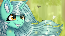 Size: 2048x1152 | Tagged: safe, artist:karathepony, derpibooru import, lyra heartstrings, pony, unicorn, bust, ear fluff, ears, grin, long mane, portrait, smiling, solo