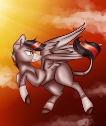 Size: 1080x1286 | Tagged: safe, artist:rxndxm.artist, derpibooru import, oc, oc only, pegasus, pony, colored hooves, flying, leonine tail, looking back, outdoors, pegasus oc, solo, wings