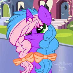 Size: 1080x1080 | Tagged: safe, artist:princessesmeraldaofficial, derpibooru import, oc, oc only, pony, unicorn, bow, bust, hair bow, horn, outdoors, signature, smiling, solo, unicorn oc