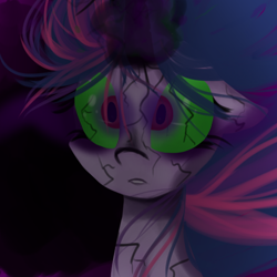 Size: 512x512 | Tagged: safe, artist:artizay, twilight sparkle, twilight sparkle (alicorn), alicorn, pony, black background, bust, colored sclera, corrupted, corrupted twilight sparkle, dark magic, dark twilight, dark twilight sparkle, darklight, darklight sparkle, female, glowing horn, green sclera, magic, magic lightning, magical lighting, messy mane, possessed, possession, simple background, solo, sombra eyes